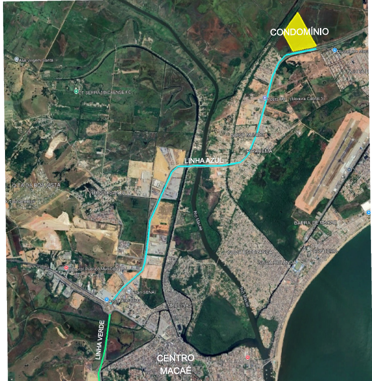 Mapa de localização do Linha Azul em Macaé, próximo ao Aeroporto de Macaé